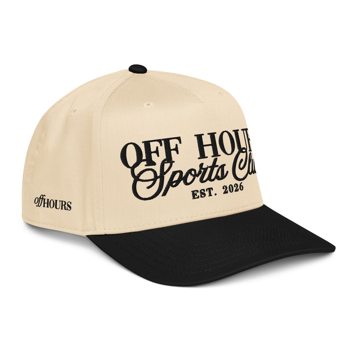 Angled view of Off Hours Sports Club black and natural trucker hat by Off Hours