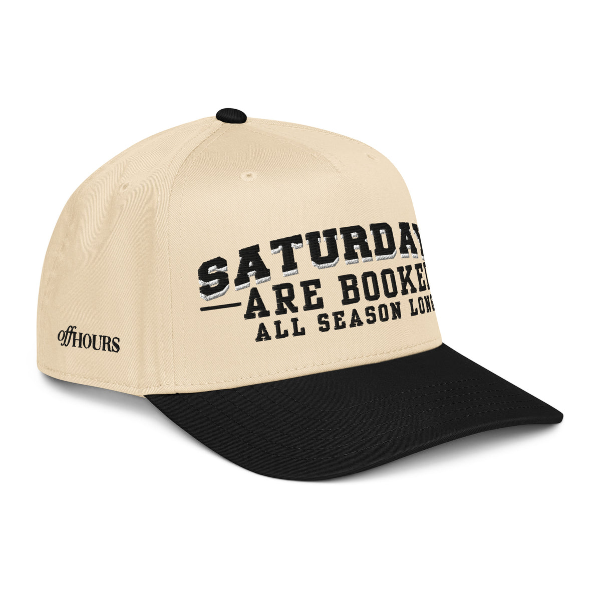 Angled view of Saturdays Are Booked black and natural trucker hat by Off Hours