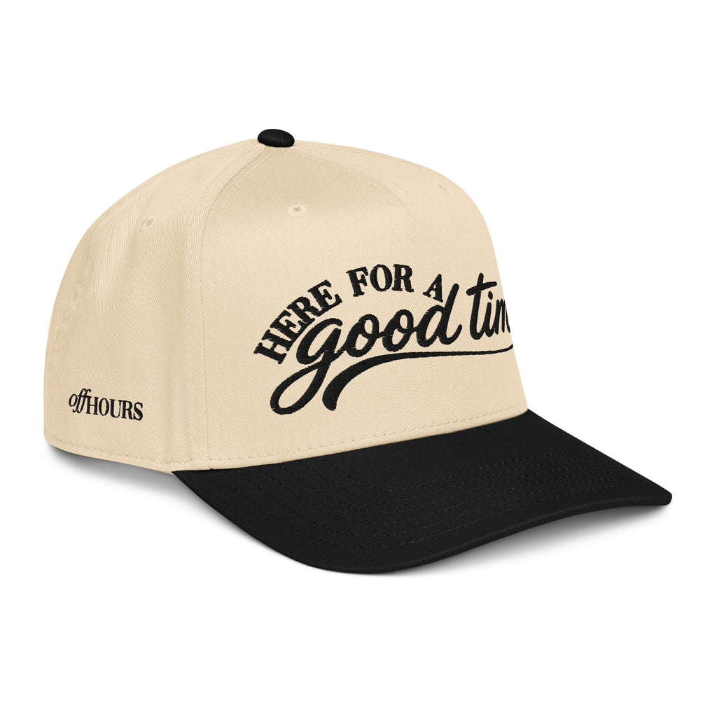 Angled view of Here For A Good Time black and natural trucker hat by Off Hours