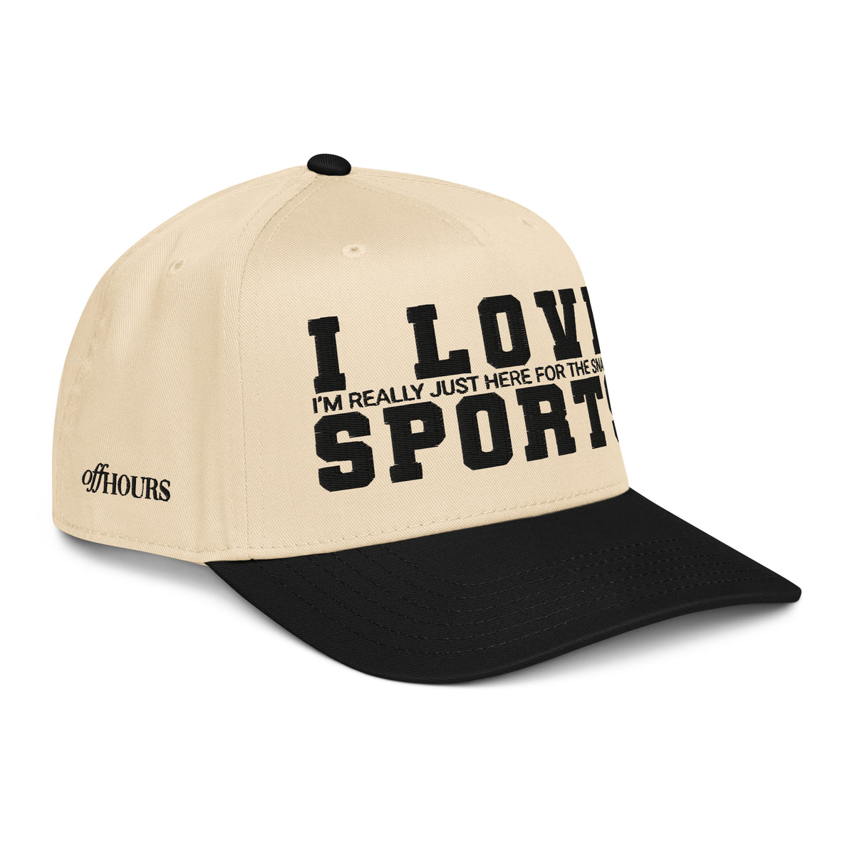 Angled view of I Love Sports black and natural trucker hat by Off Hours