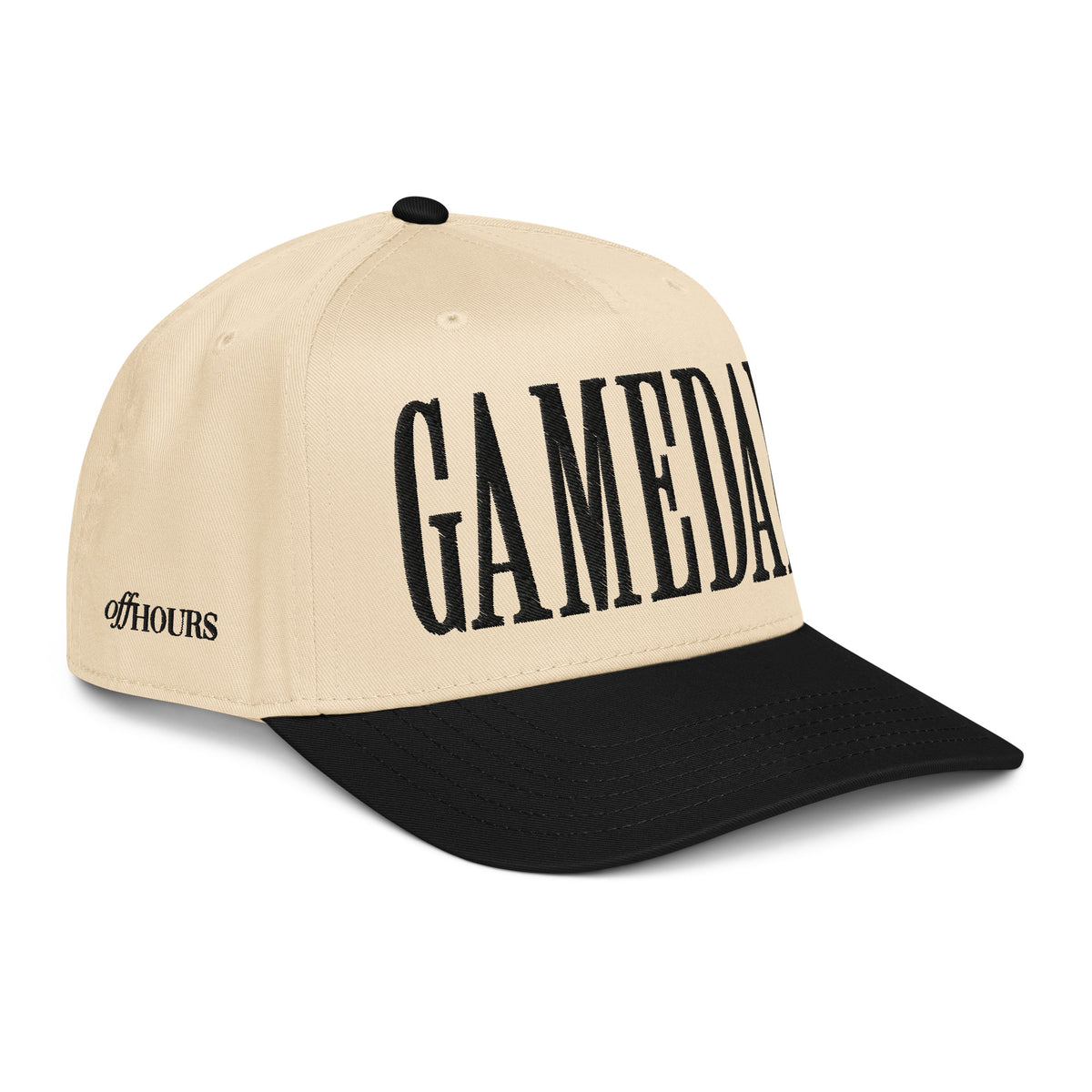 Angled view of Gameday black and natural trucker hat by Off Hours