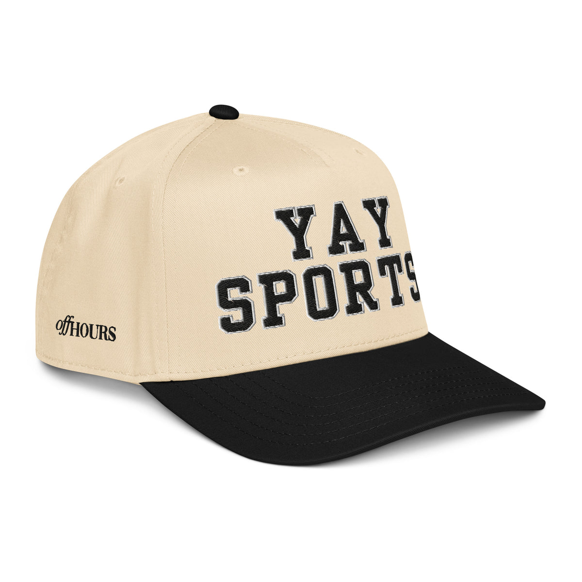 Angled view of Yay Sports black and natural trucker hat by Off Hours