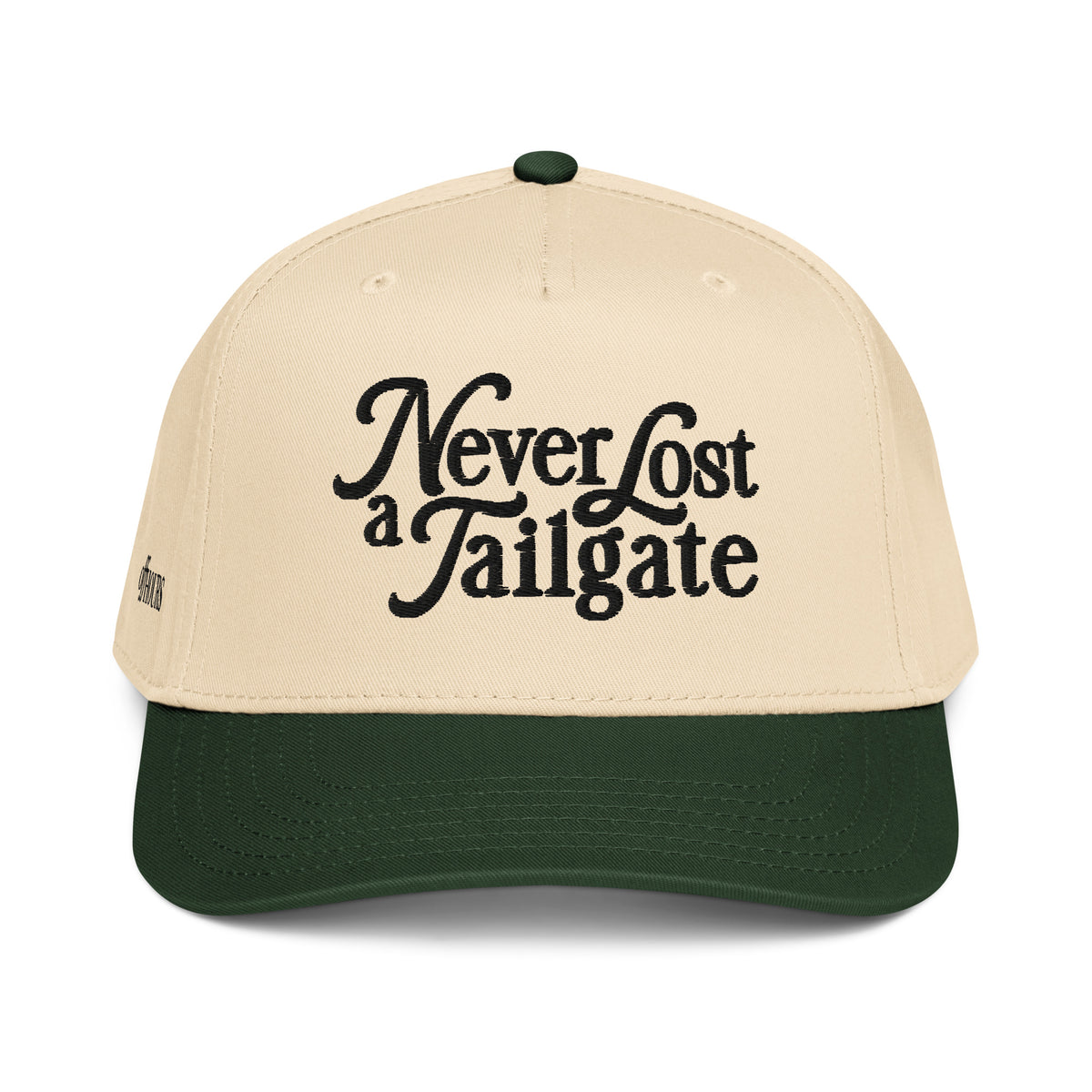 Never Lost a Tailgate green and natural trucker hat by Off Hours