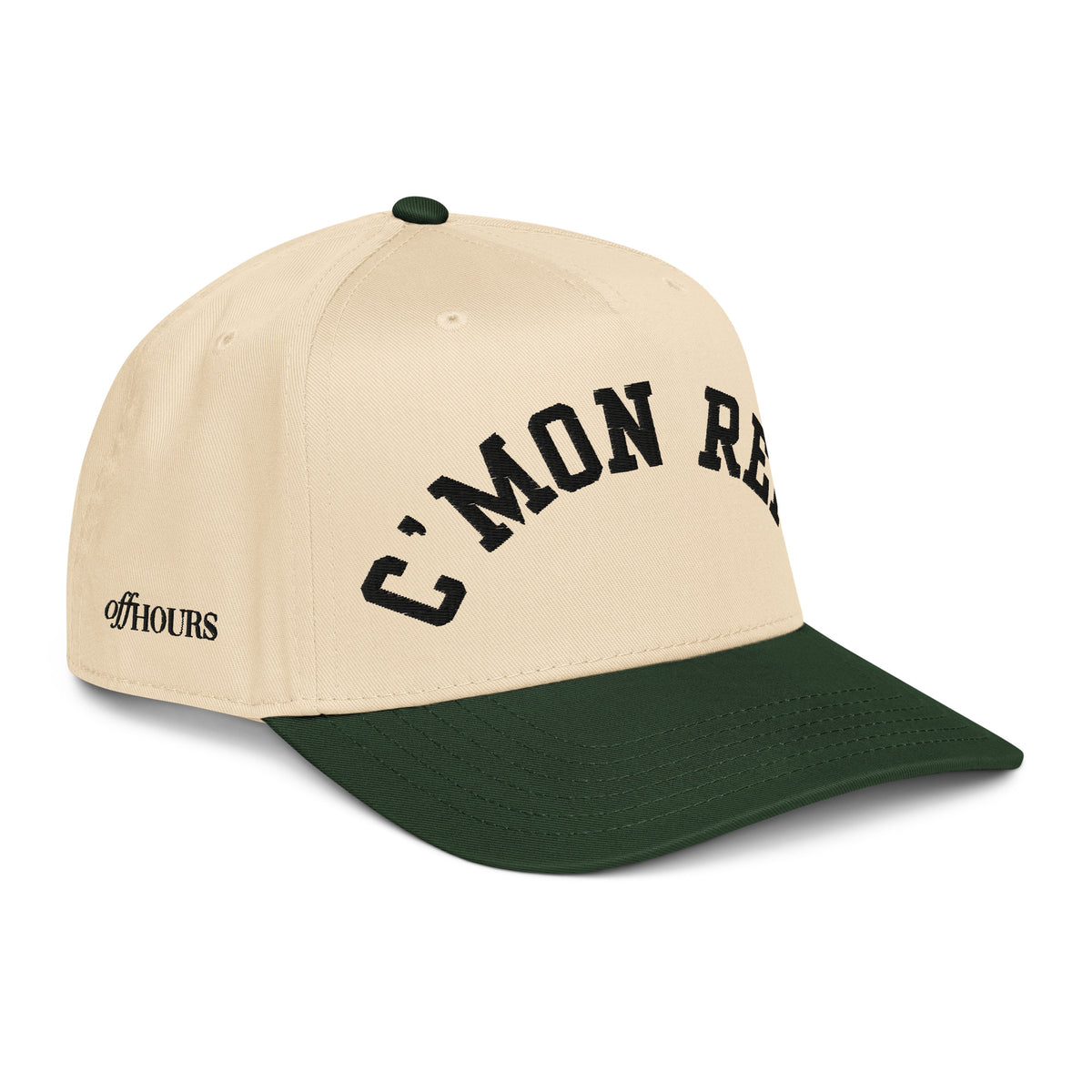 Angled view of C'MON REF! green and natural trucker hat by Off Hours
