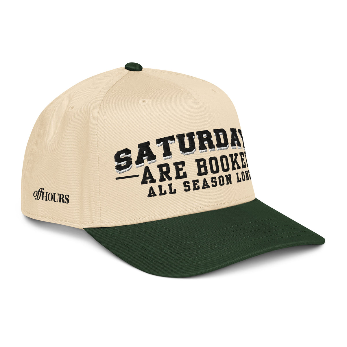 Angled view of Saturdays Are Booked green and natural trucker hat by Off Hours