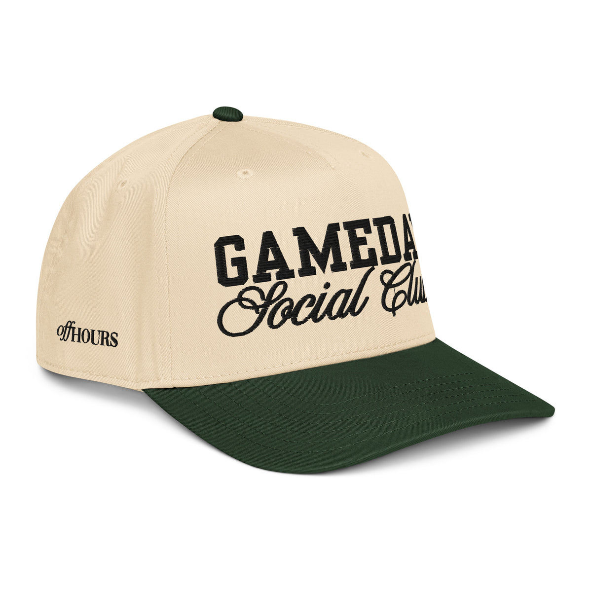 Angled view of Gameday Social Club green and natural trucker hat by Off Hours