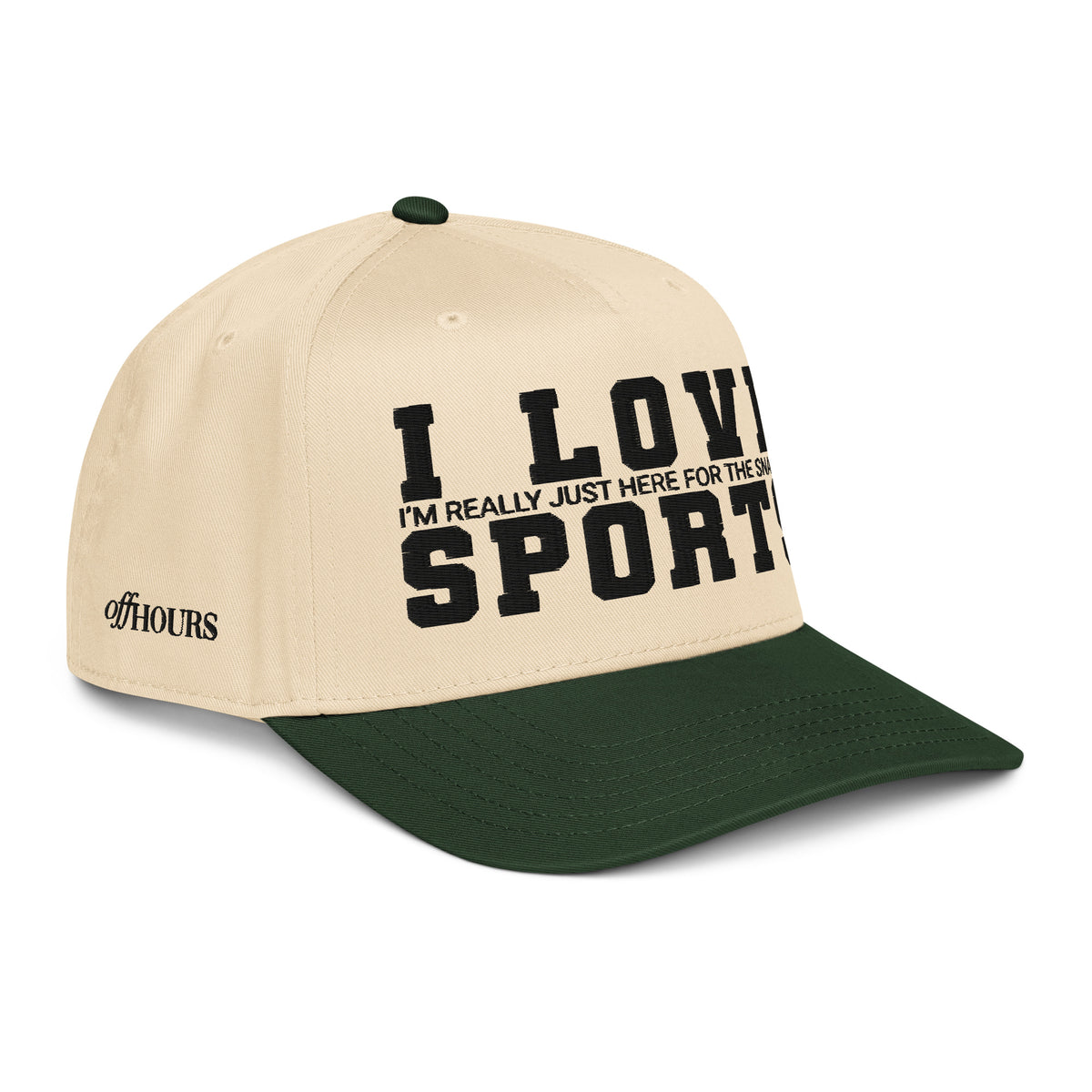 Angled view of I Love Sports green and natural trucker hat by Off Hours