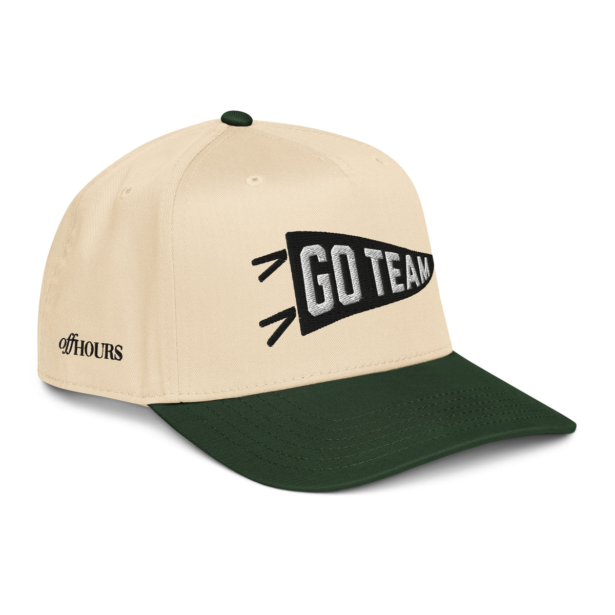 Angled view of Go Team green and natural trucker hat by Off Hours