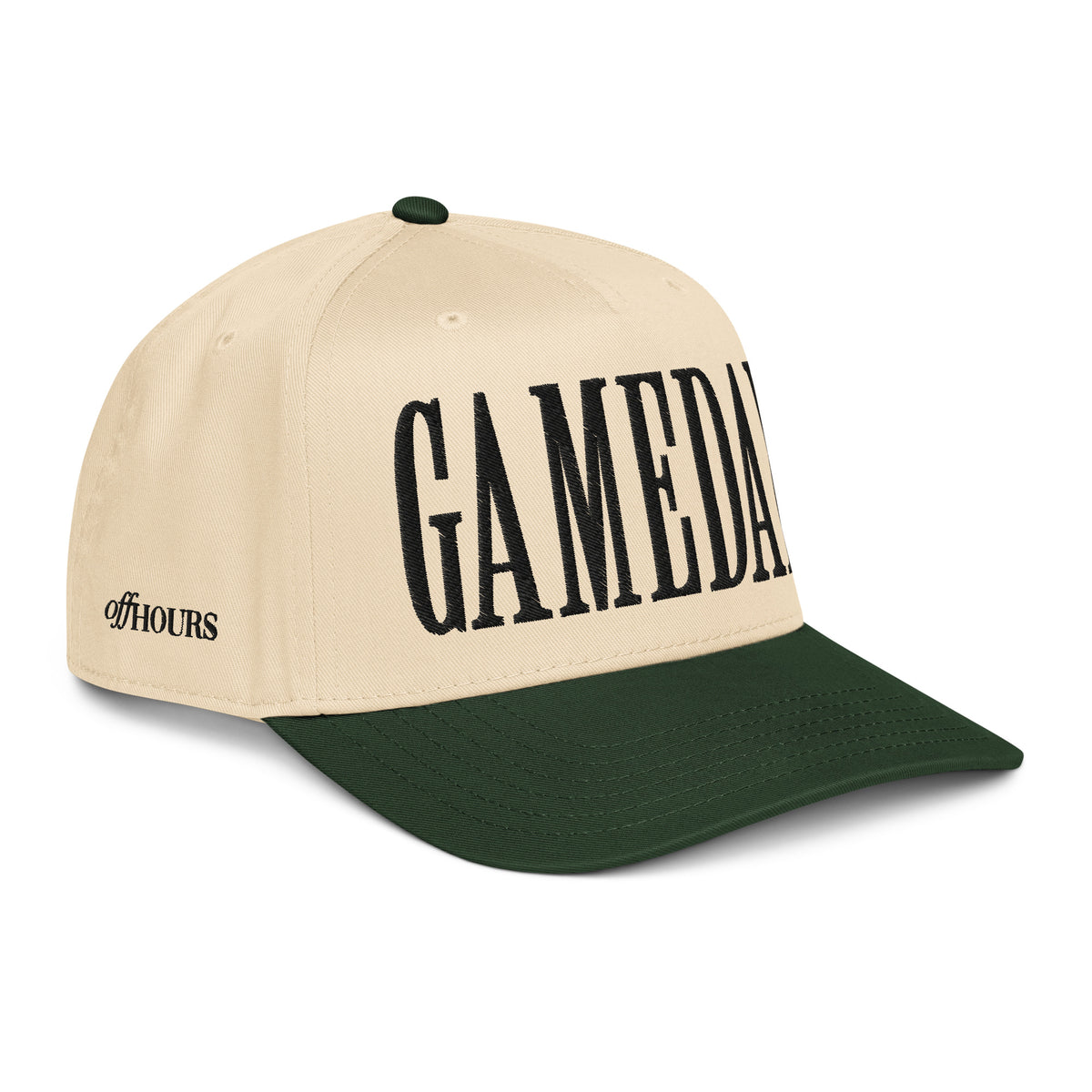 Angled view of Gameday green and natural trucker hat by Off Hours