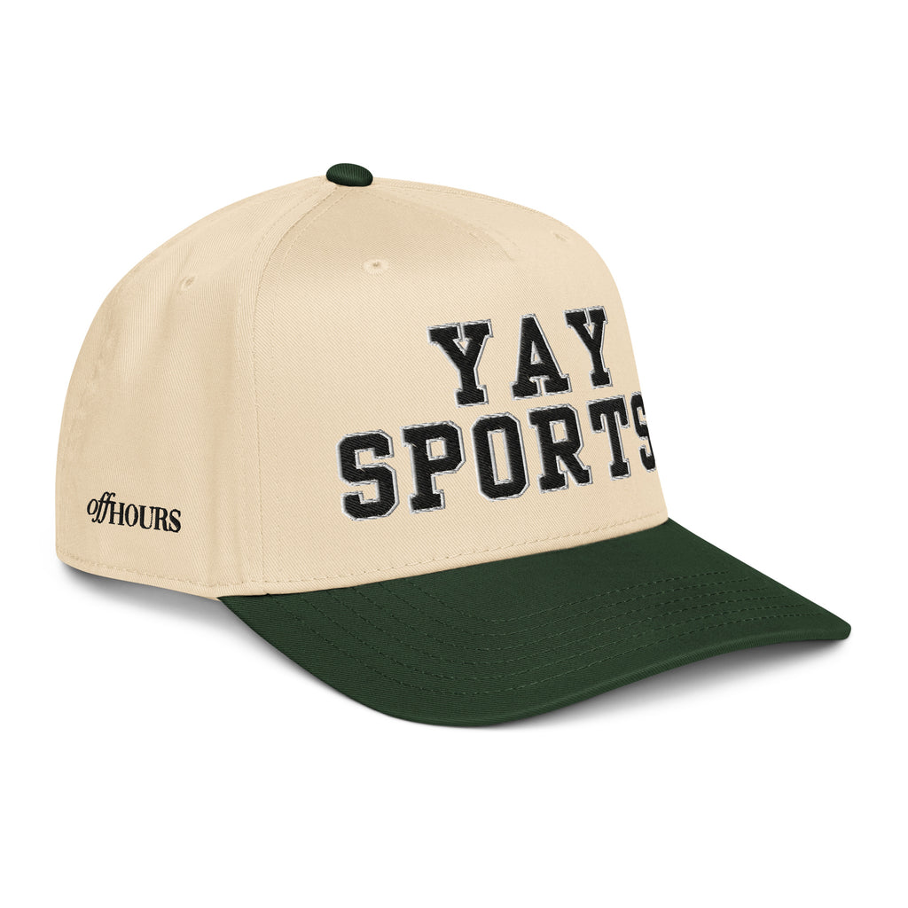Angled view of Yay Sports green and natural trucker hat by Off Hours