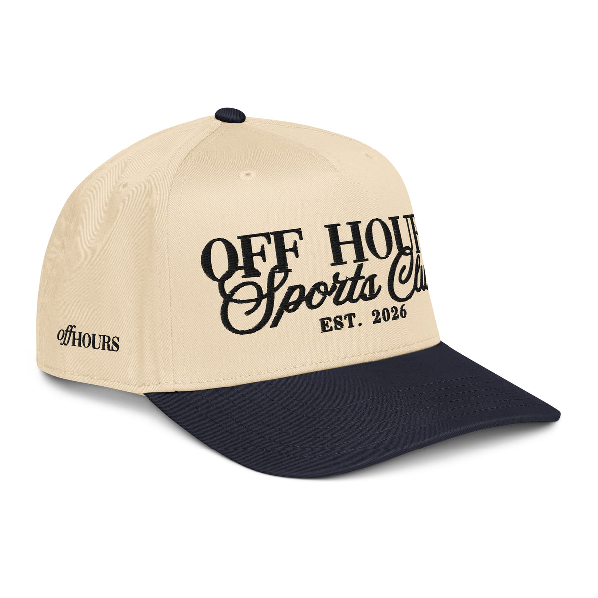 Angled view of Off Hours Sports Club navy and natural trucker hat by Off Hours