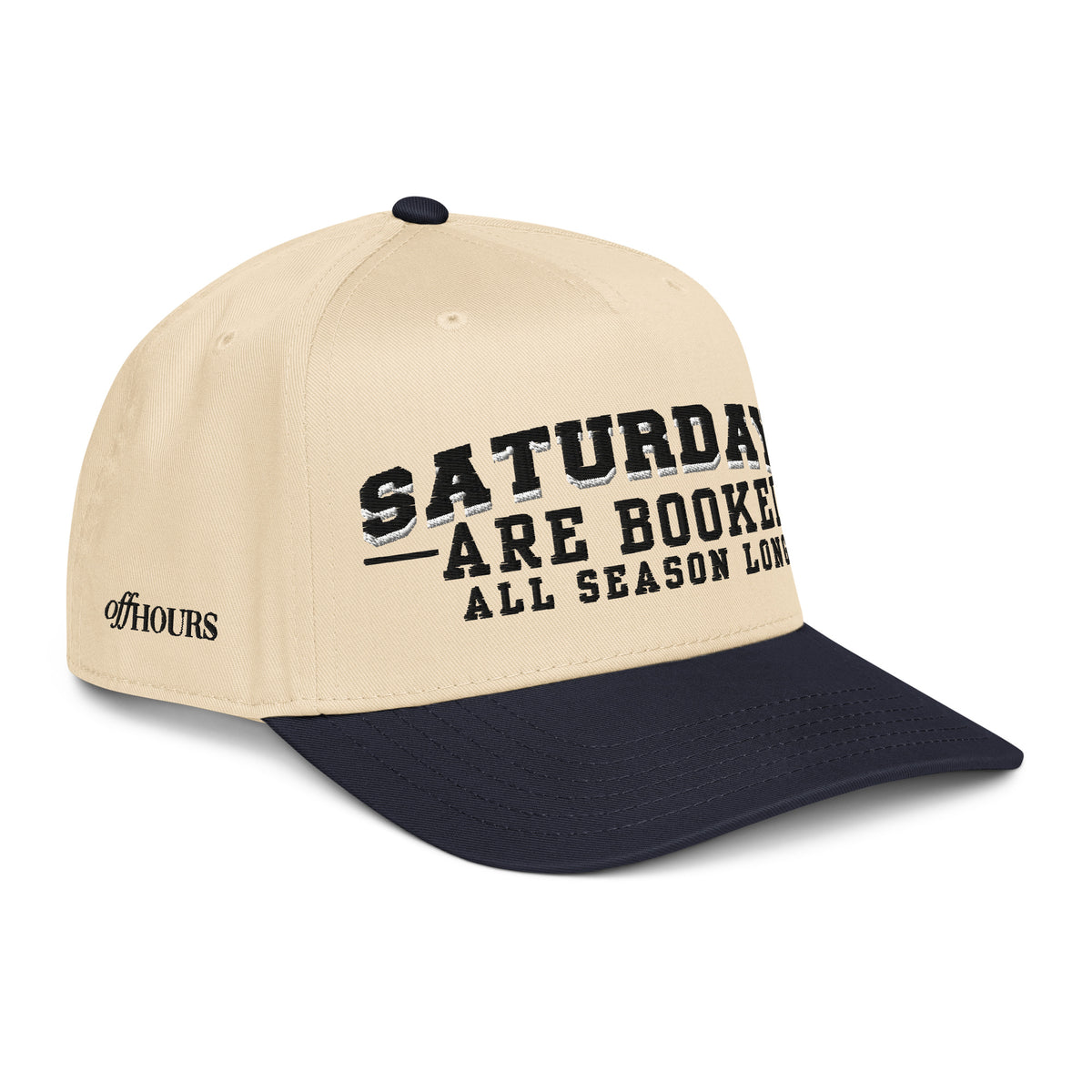 Angled view of Saturdays Are Booked navy and natural trucker hat by Off Hours