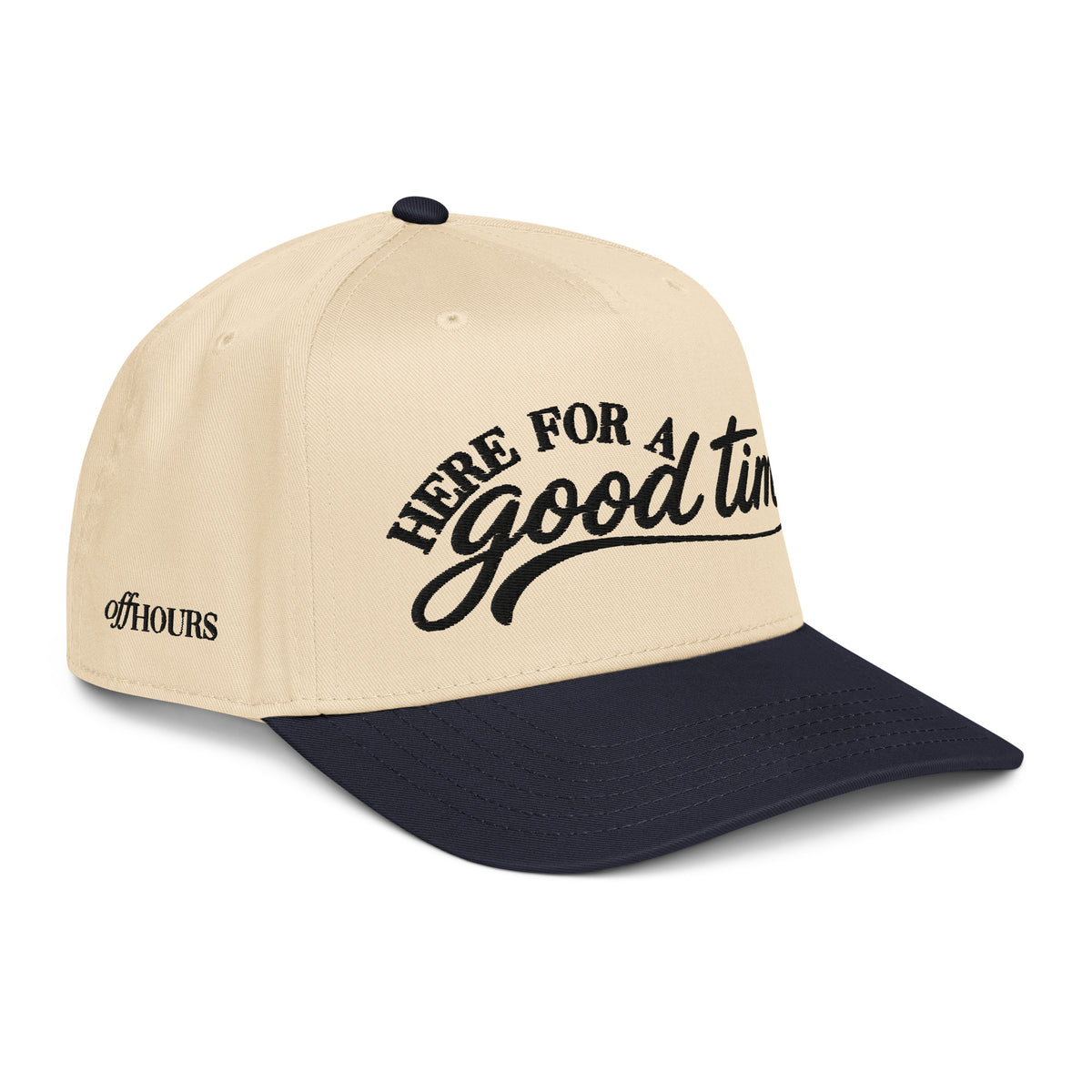 Angled view of Here For A Good Time navy and natural trucker hat by Off Hours