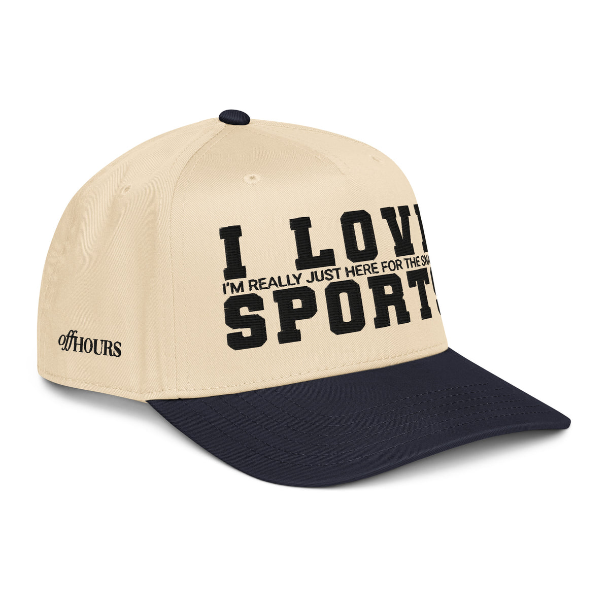 Angled view of I Love Sports navy and natural trucker hat by Off Hours