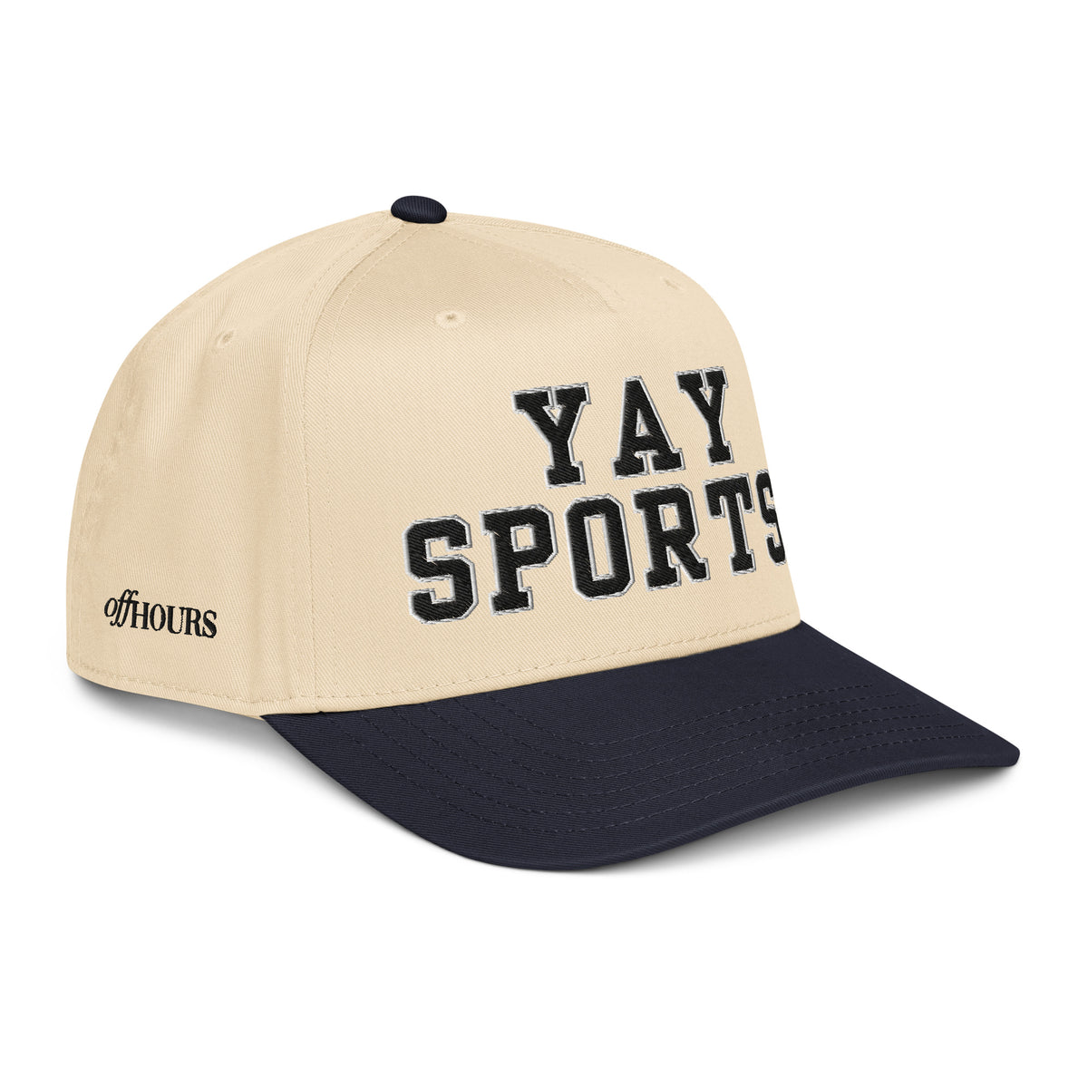 Angled view of Yay Sports navy and natural trucker hat by Off Hours