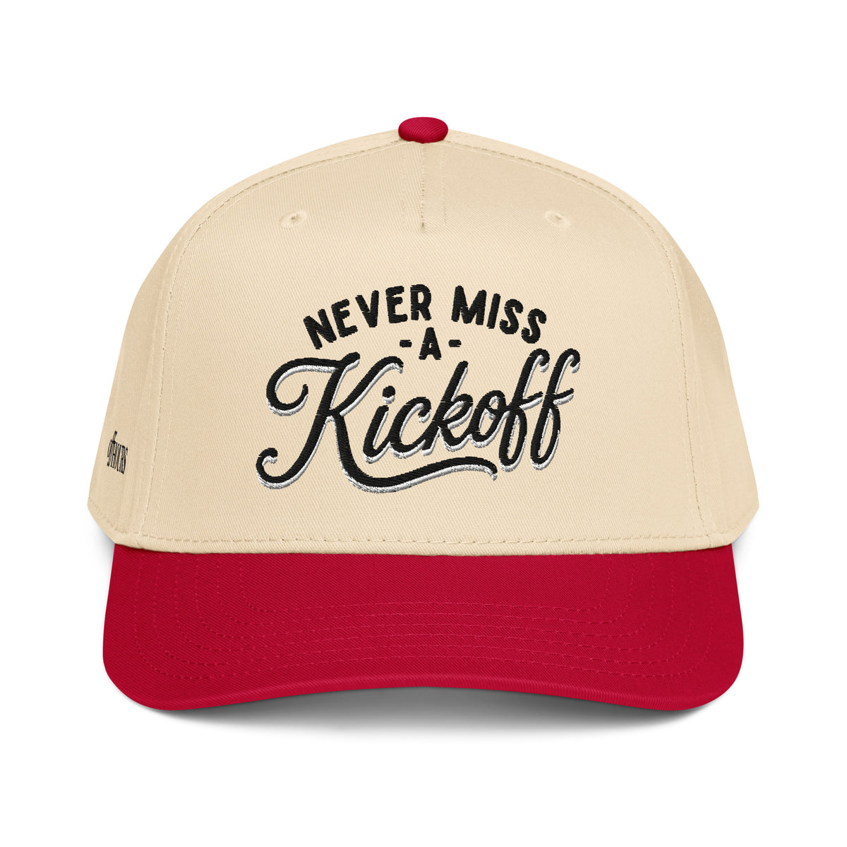 Never Miss A Kickoff red and natural trucker hat by Off Hours