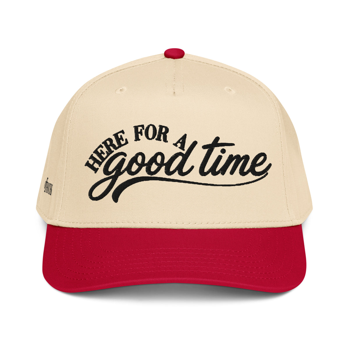 Here For A Good Time red and natural trucker hat by Off Hours