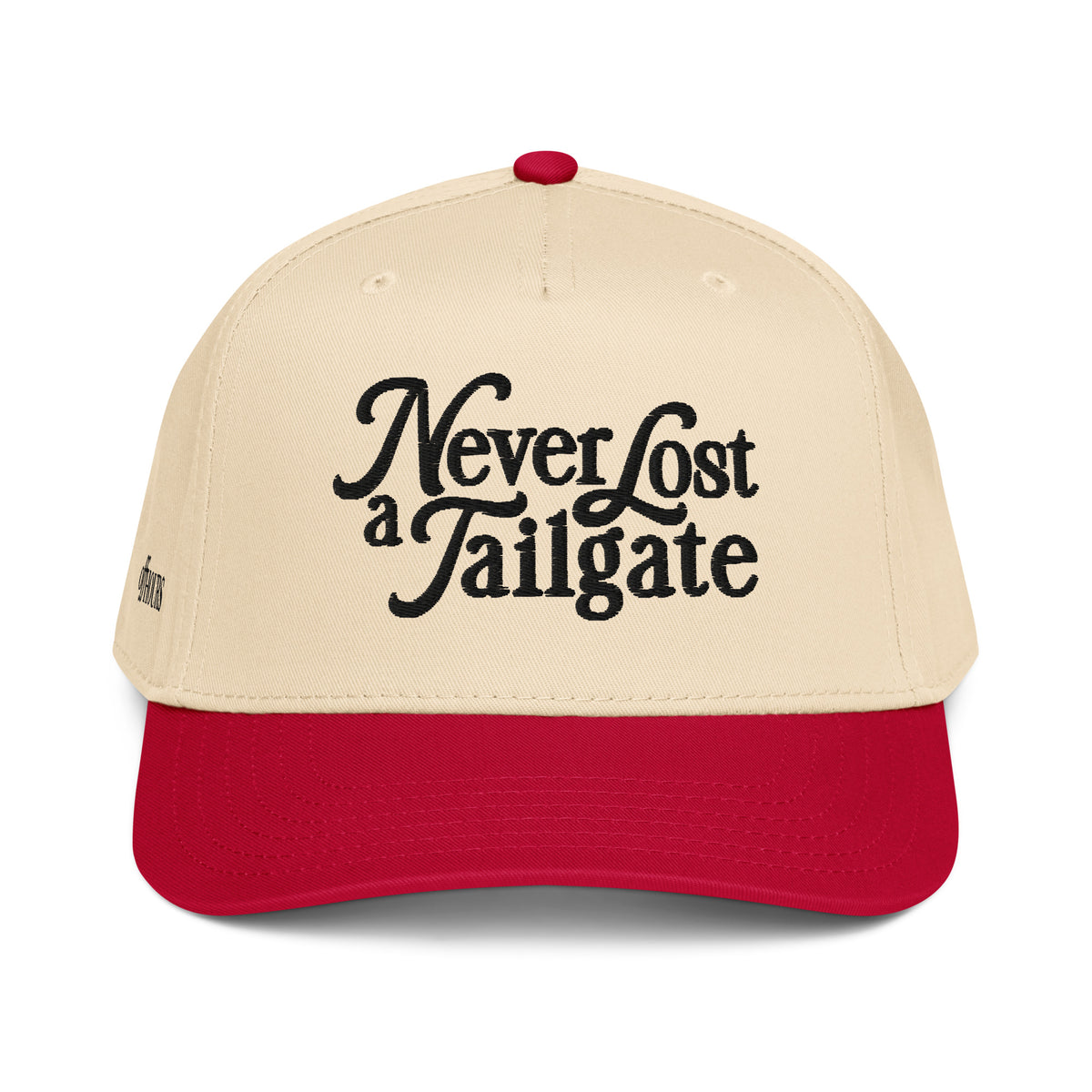 Never Lost a Tailgate red and natural trucker hat by Off Hours