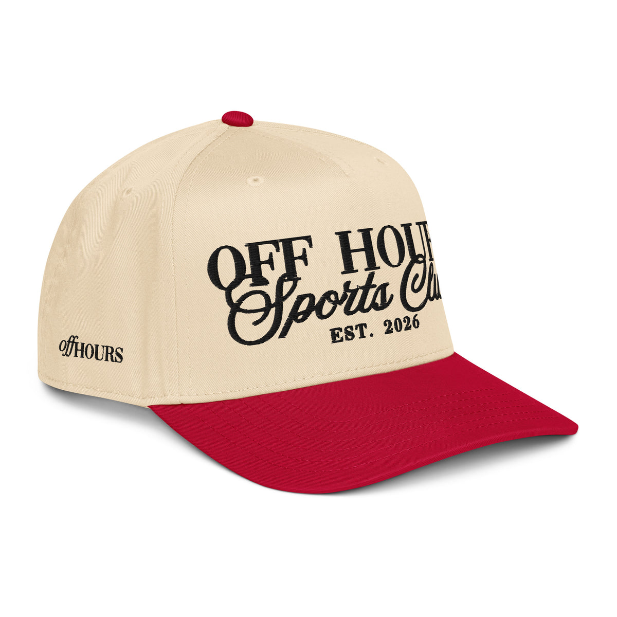 Angled view of Off Hours Sports Club red and natural trucker hat by Off Hours