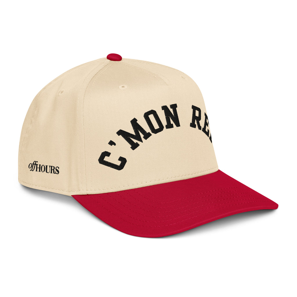 Angled view of C'MON REF! red and natural trucker hat by Off Hours