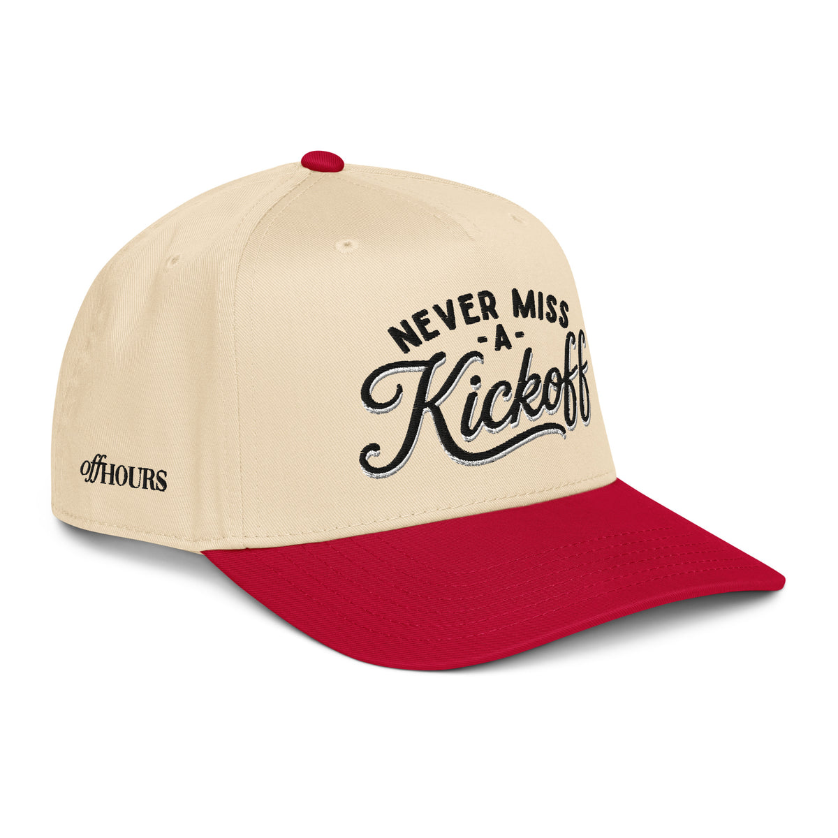 Angled view of Never Miss A Kickoff red and natural trucker hat by Off Hours