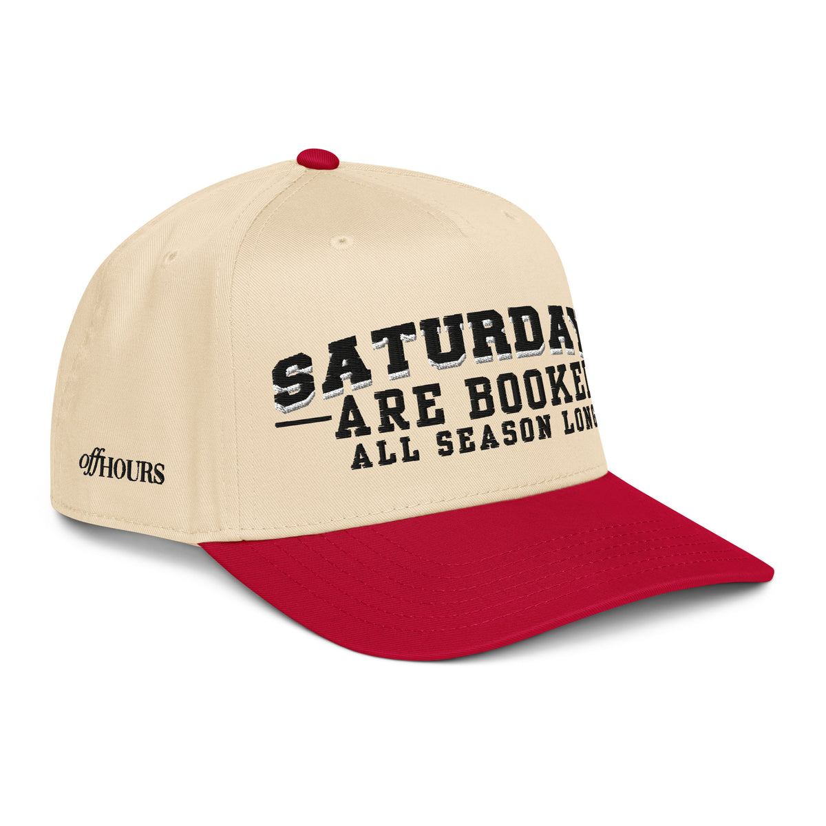 Angled view of Saturdays Are Booked red and natural trucker hat by Off Hours