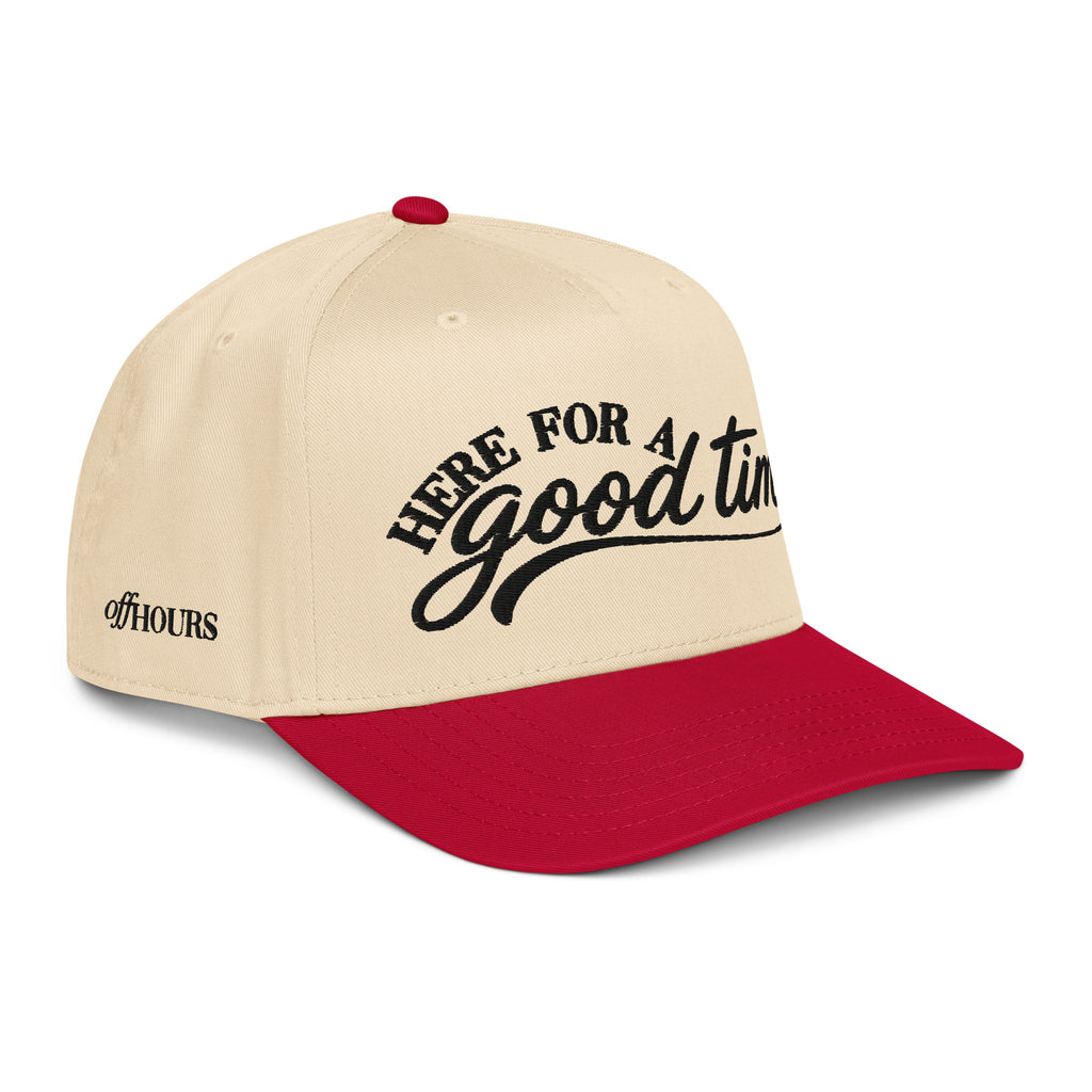 Angled view of Here For A Good Time red and natural trucker hat by Off Hours