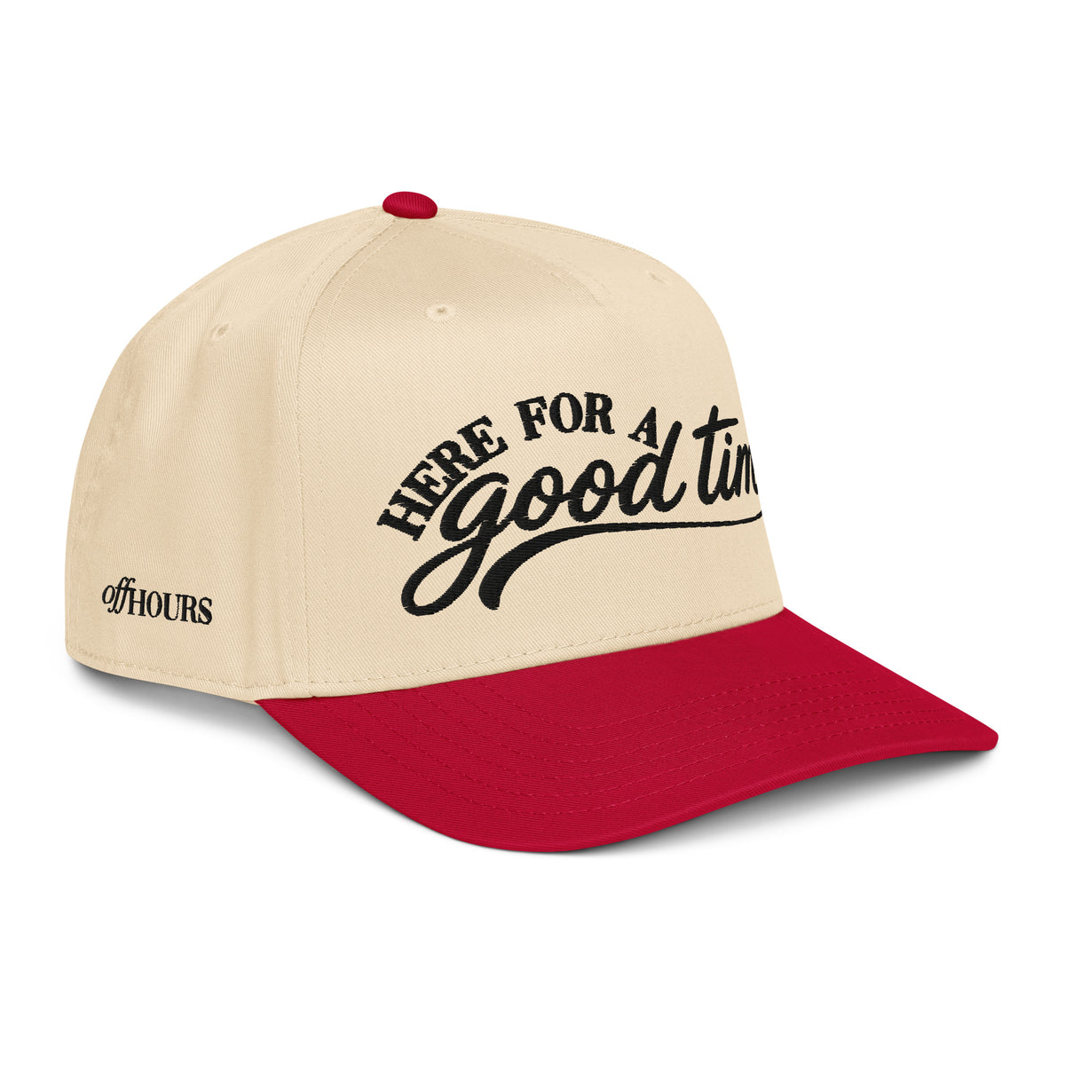 Angled view of Here For A Good Time red and natural trucker hat by Off Hours