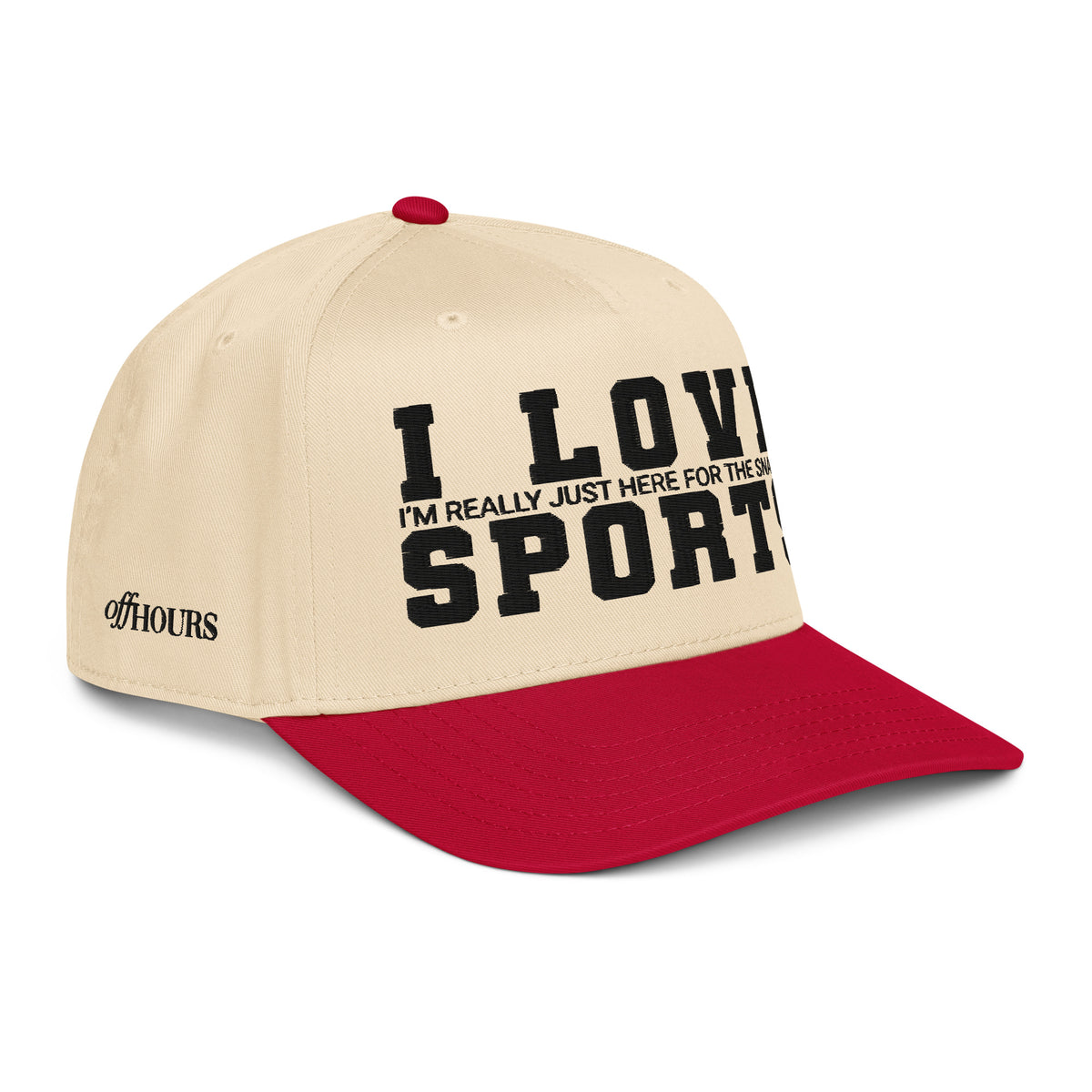 Angled view of I Love Sports red and natural trucker hat by Off Hours