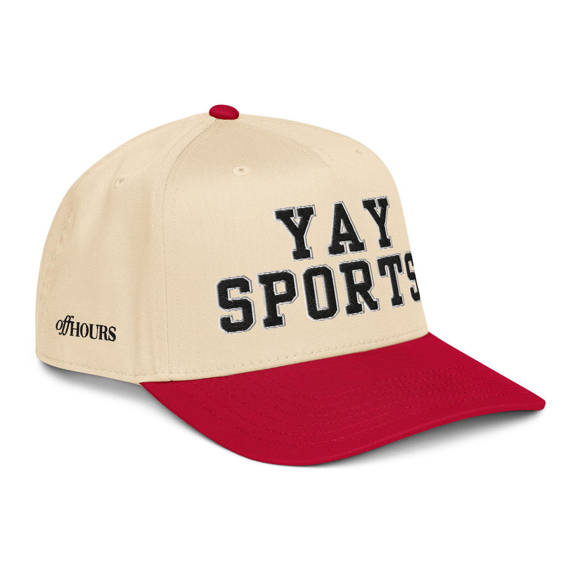 Angled view of Yay Sports red and natural trucker hat by Off Hours
