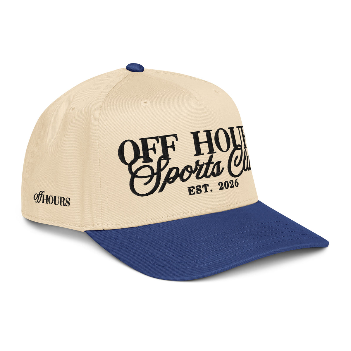 Angled view of Off Hours Sports Club blue and natural trucker hat by Off Hours