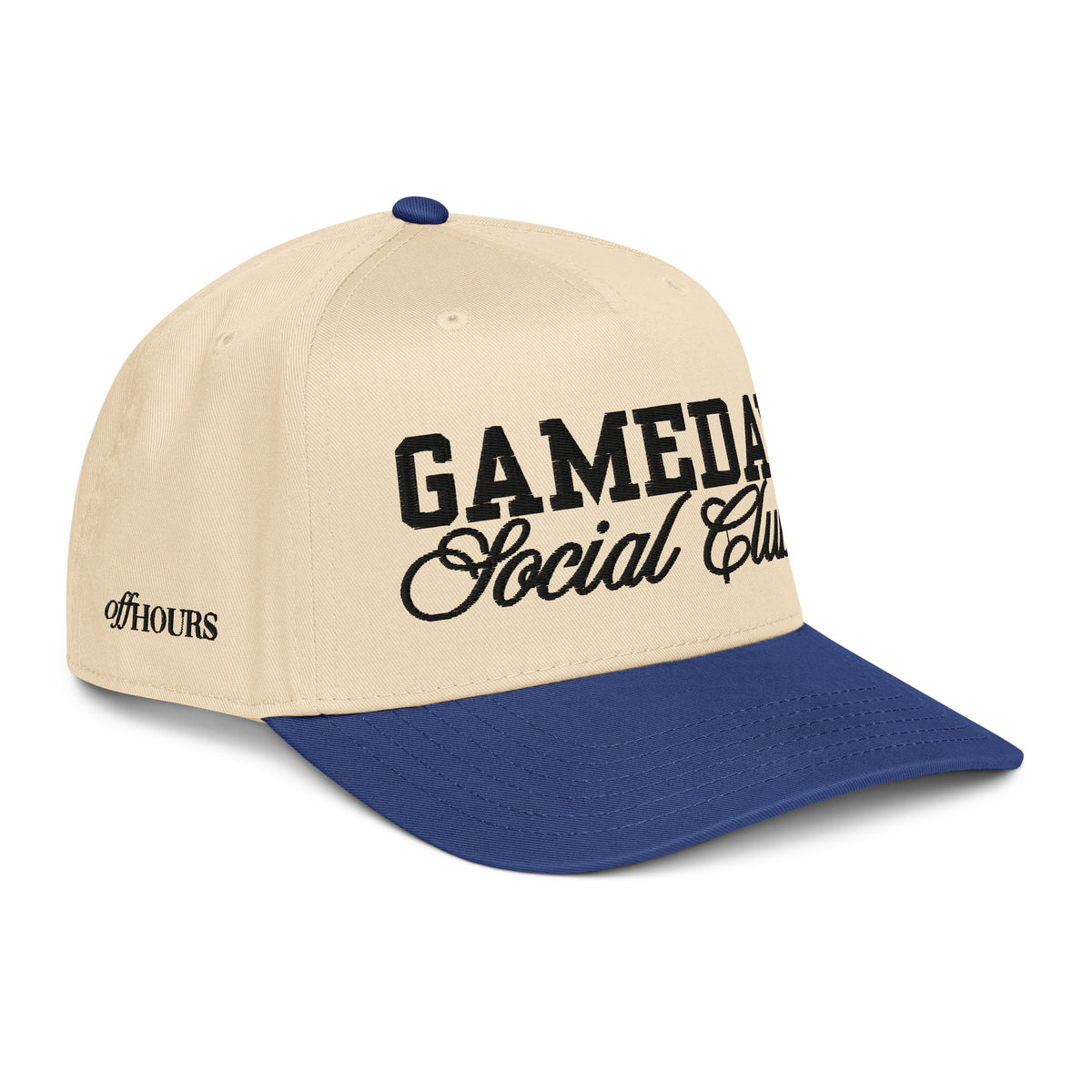 Angled view of Gameday Social Club blue and natural trucker hat by Off Hours