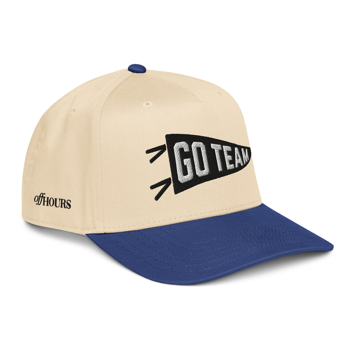 Angled view of Go Team blue and natural trucker hat by Off Hours