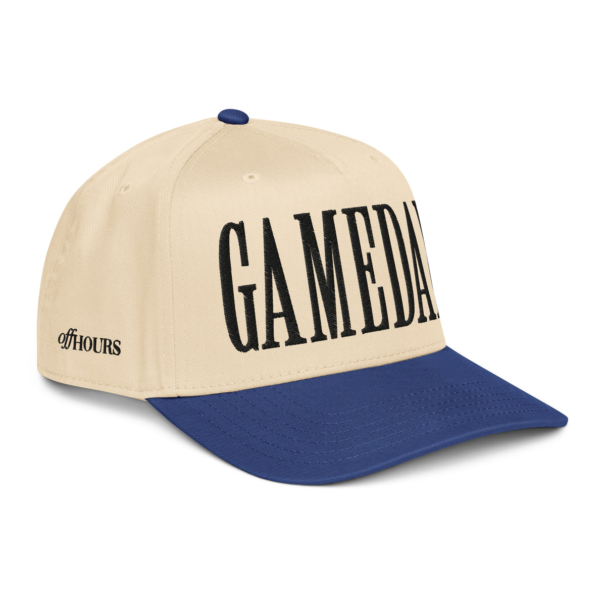 Angled view of Gameday blue and natural trucker hat by Off Hours