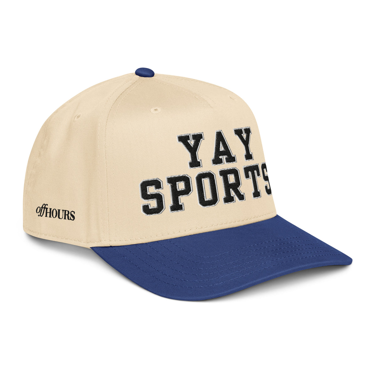 Angled view of Yay Sports blue and natural trucker hat by Off Hours